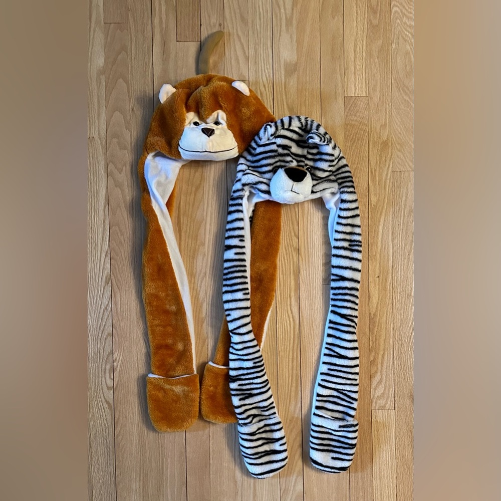 Child/Youth Plush Monkey and Zebra Winter Hats with Hand Warmers